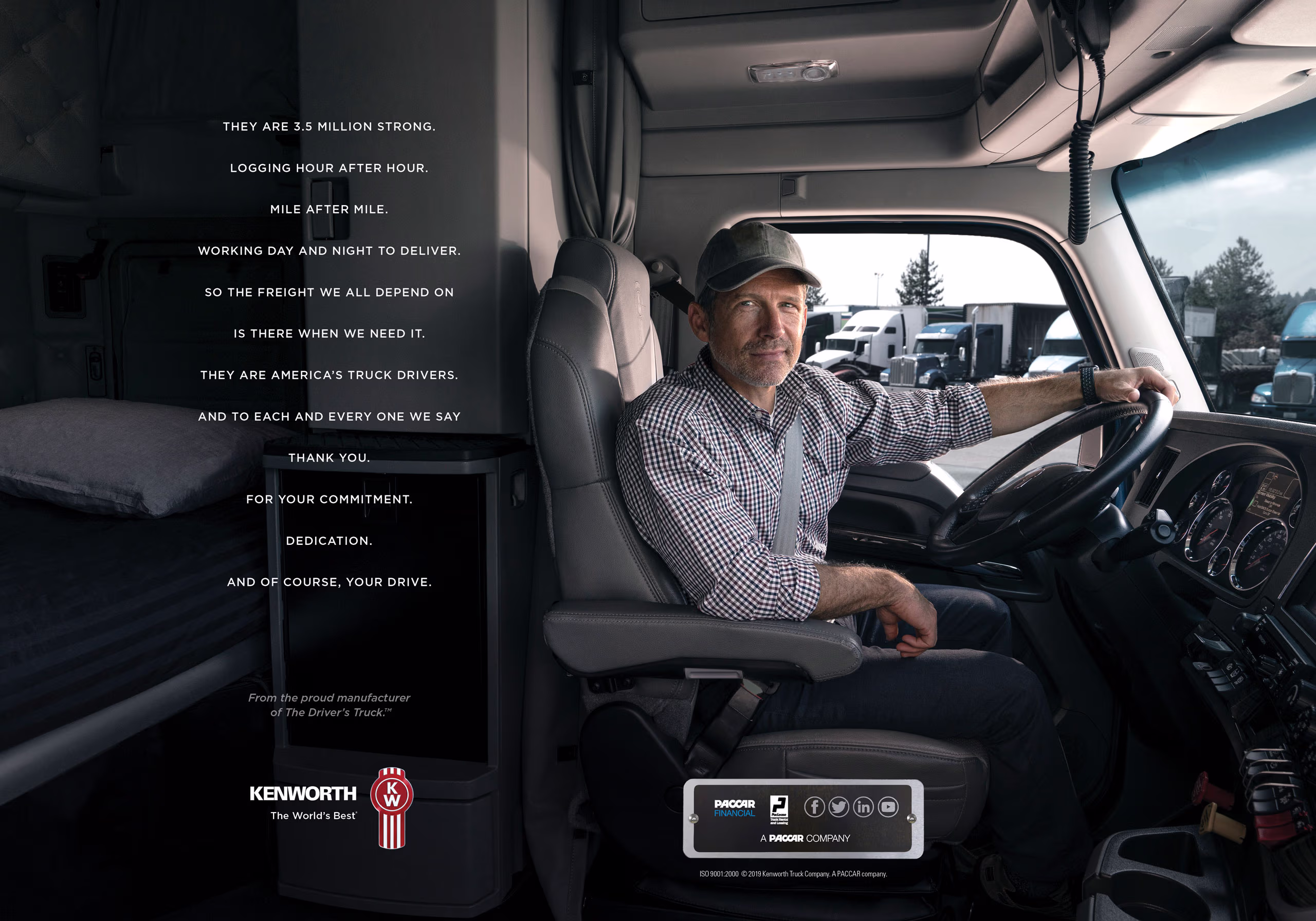 Background image of a truck driver in the drivers seat looking at camera in a kenworth truck T680
