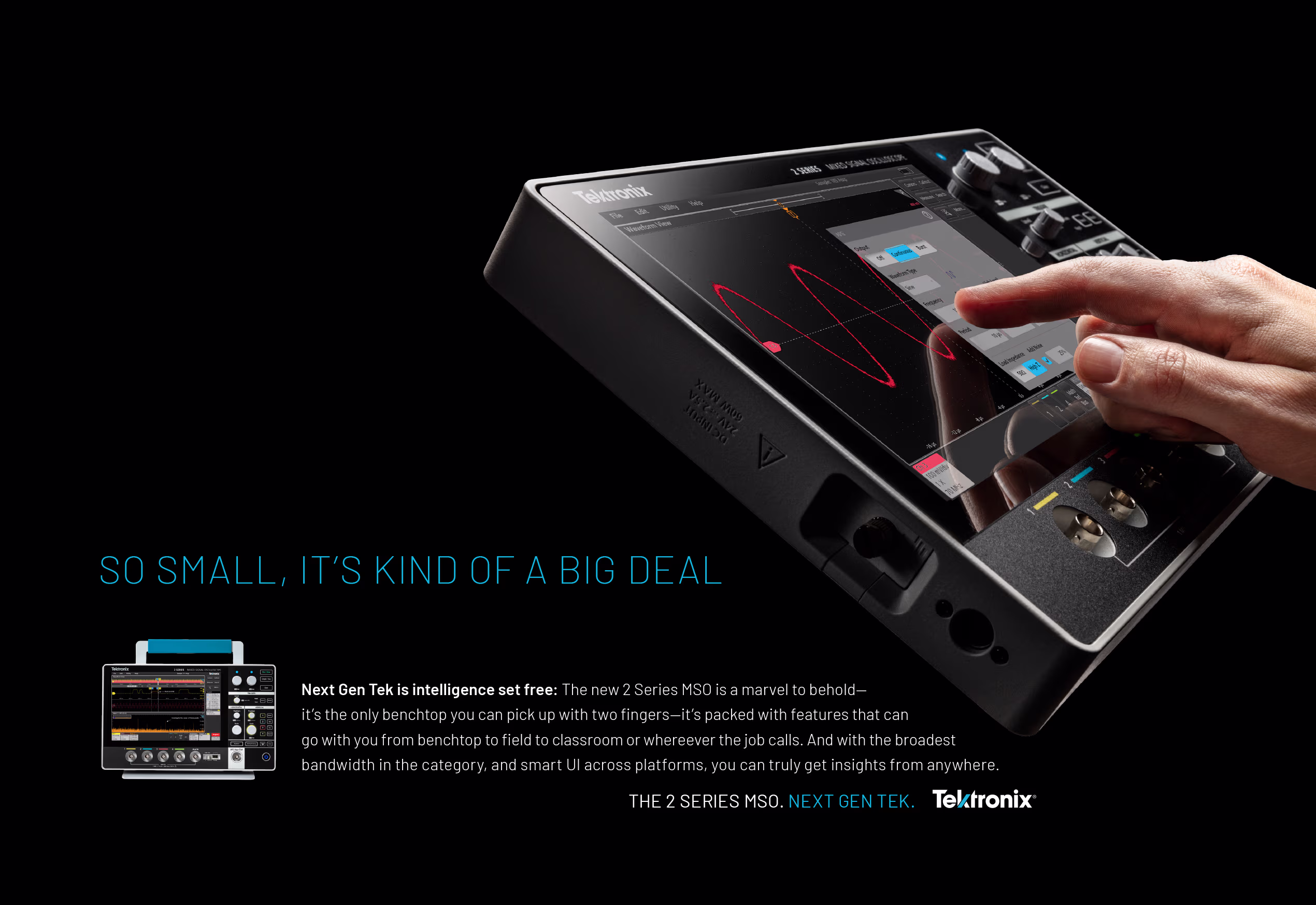 Tektronix 2 Series MSO (Mixed Signal Oscilloscope) ad. Portable benchtop scope with a touchscreen, emphasized for its small size and intelligence.